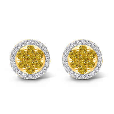 White and Yellow Diamond 1ctw. Cluster Halo Stud Earrings in 14k Yellow Gold